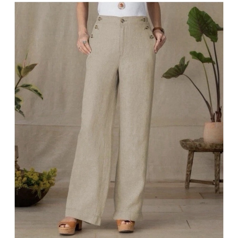 New Sundance Oaklee Easy Pants 100% Linen Beige Tan Straight Wide Leg Trousers 8